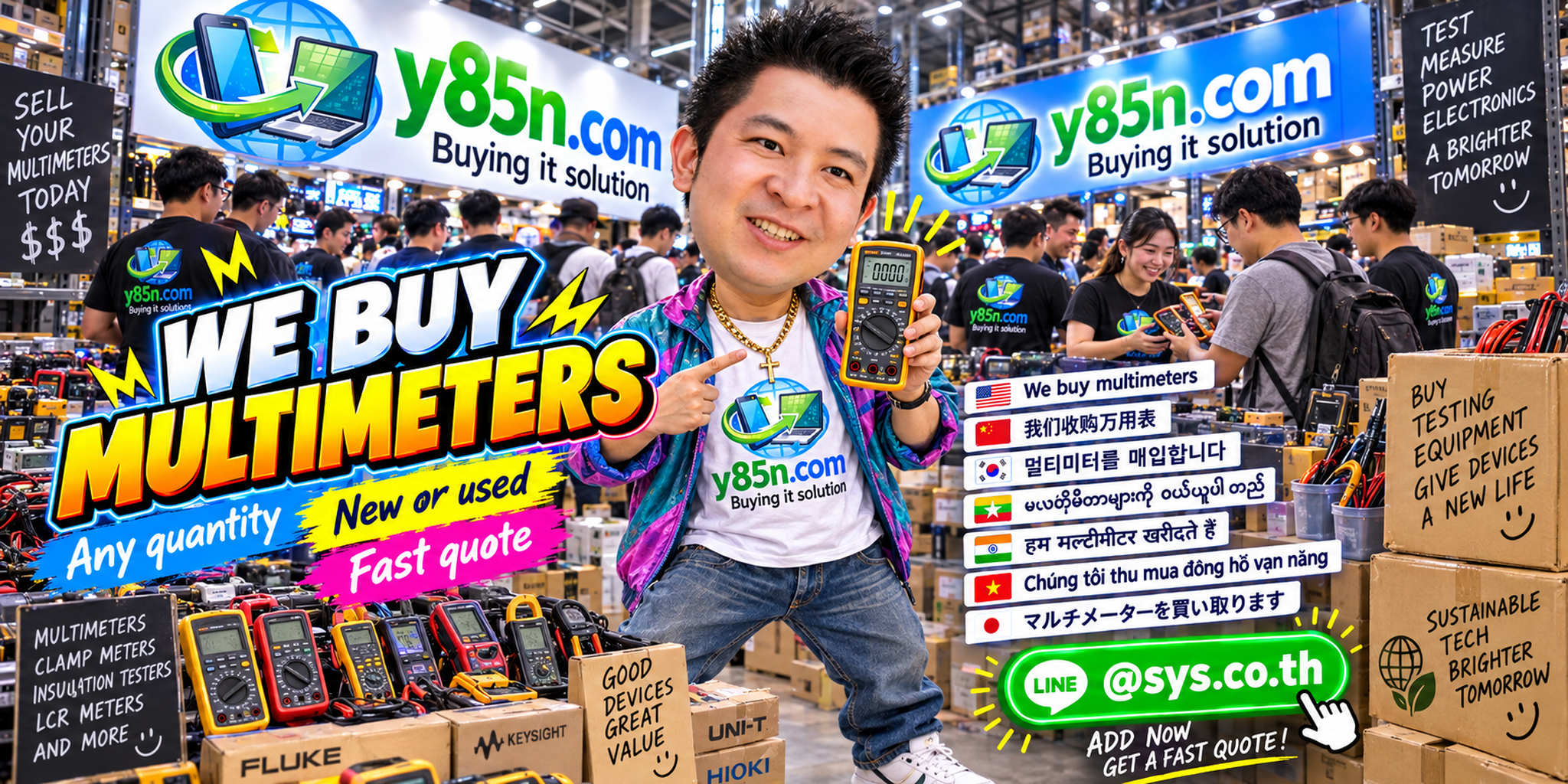 Y85N.com team and customers at a busy warehouse buying multimeters and electrical test equipment