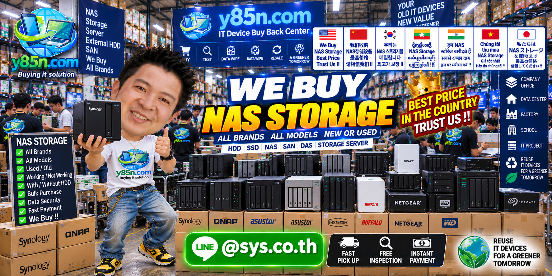Y85N.com warehouse buying used NAS Storage with international seller messaging