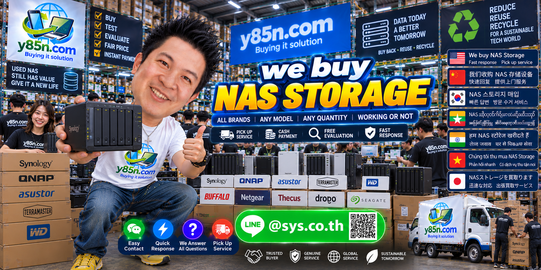 Y85N.com NAS Storage buying service contact banner with LINE at sys.co.th