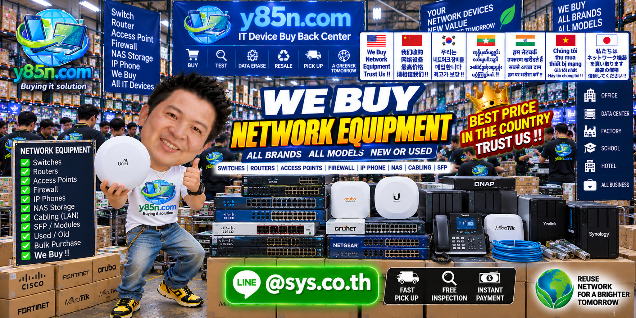 Y85N.com warehouse buying used network equipment with international seller messaging