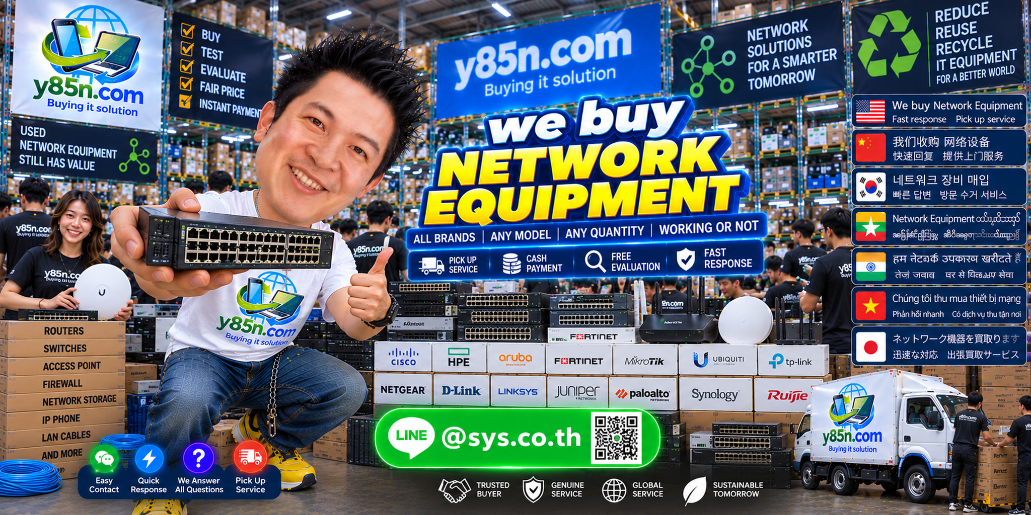 Y85N.com network equipment buying service contact banner with LINE sys.co.th