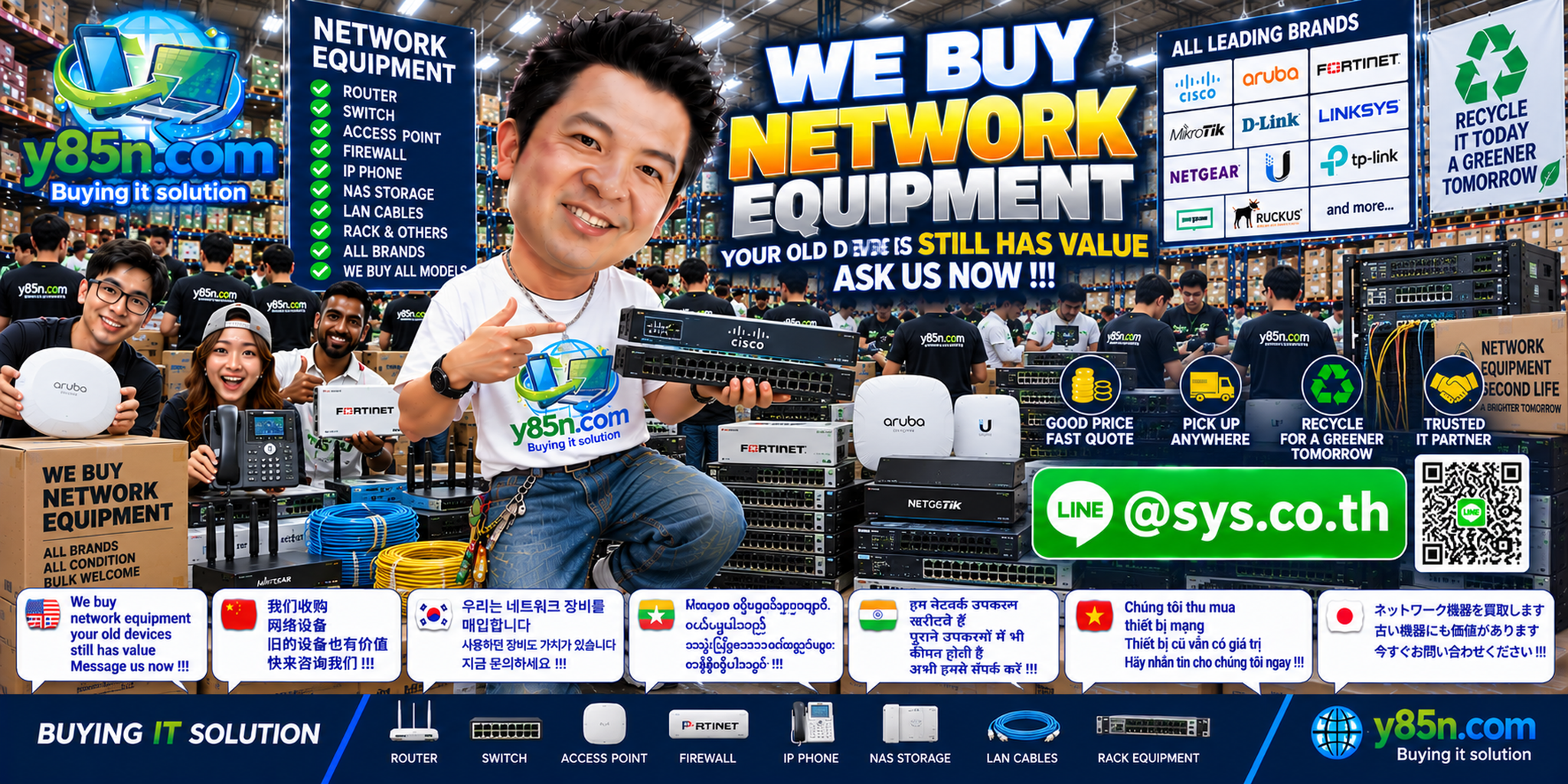 Busy Y85N.com network equipment buying warehouse in Thailand with switches, access points, firewalls, storage and network infrastructure