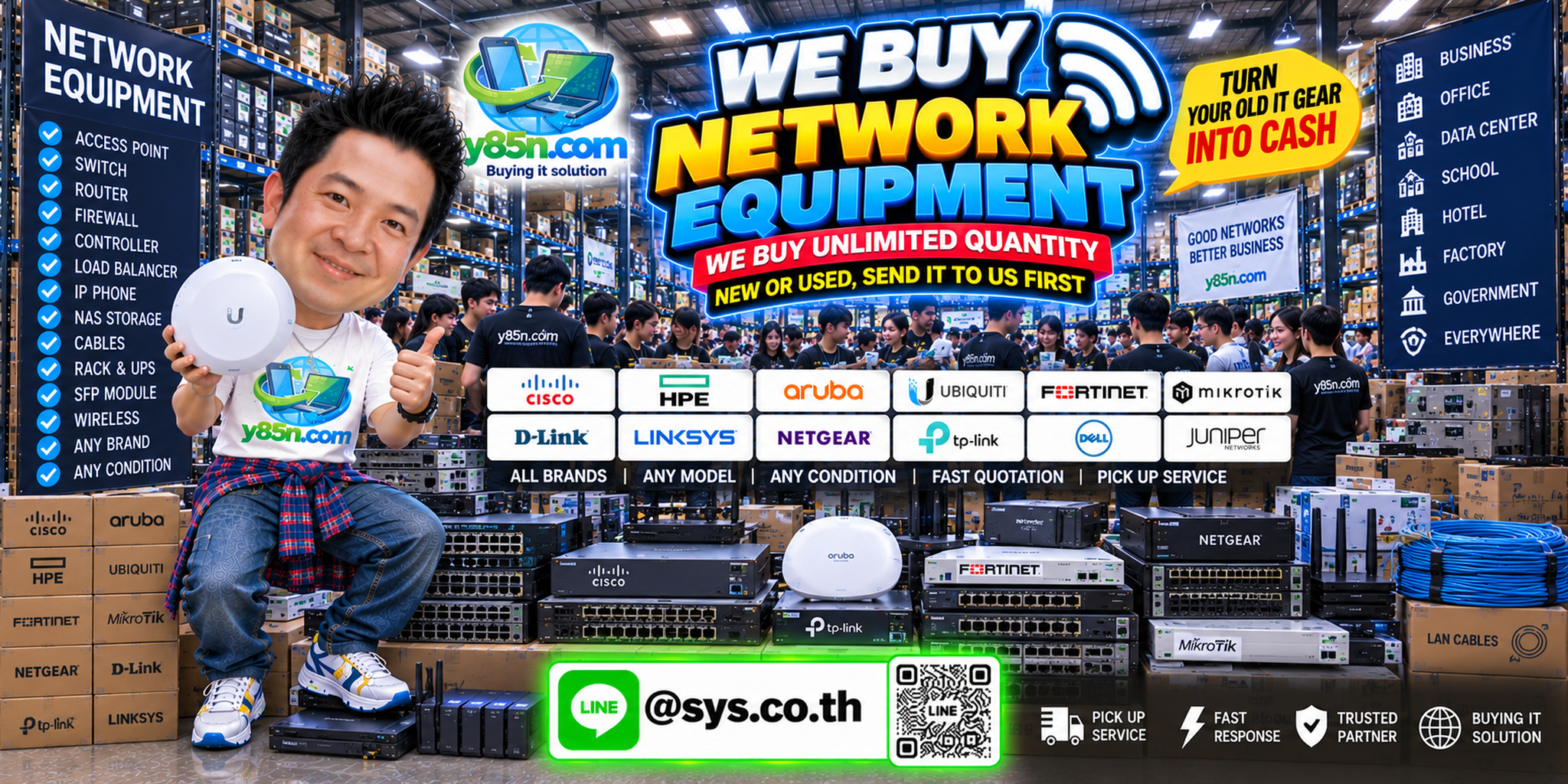 Y85N.com team and customers at a busy network equipment buying warehouse with switches, routers, firewalls, access points and storage