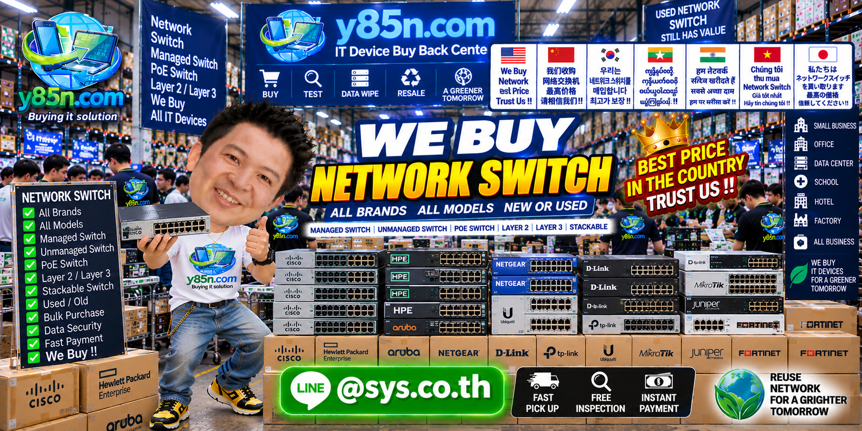 Y85N.com warehouse buying used network switches with international seller messaging