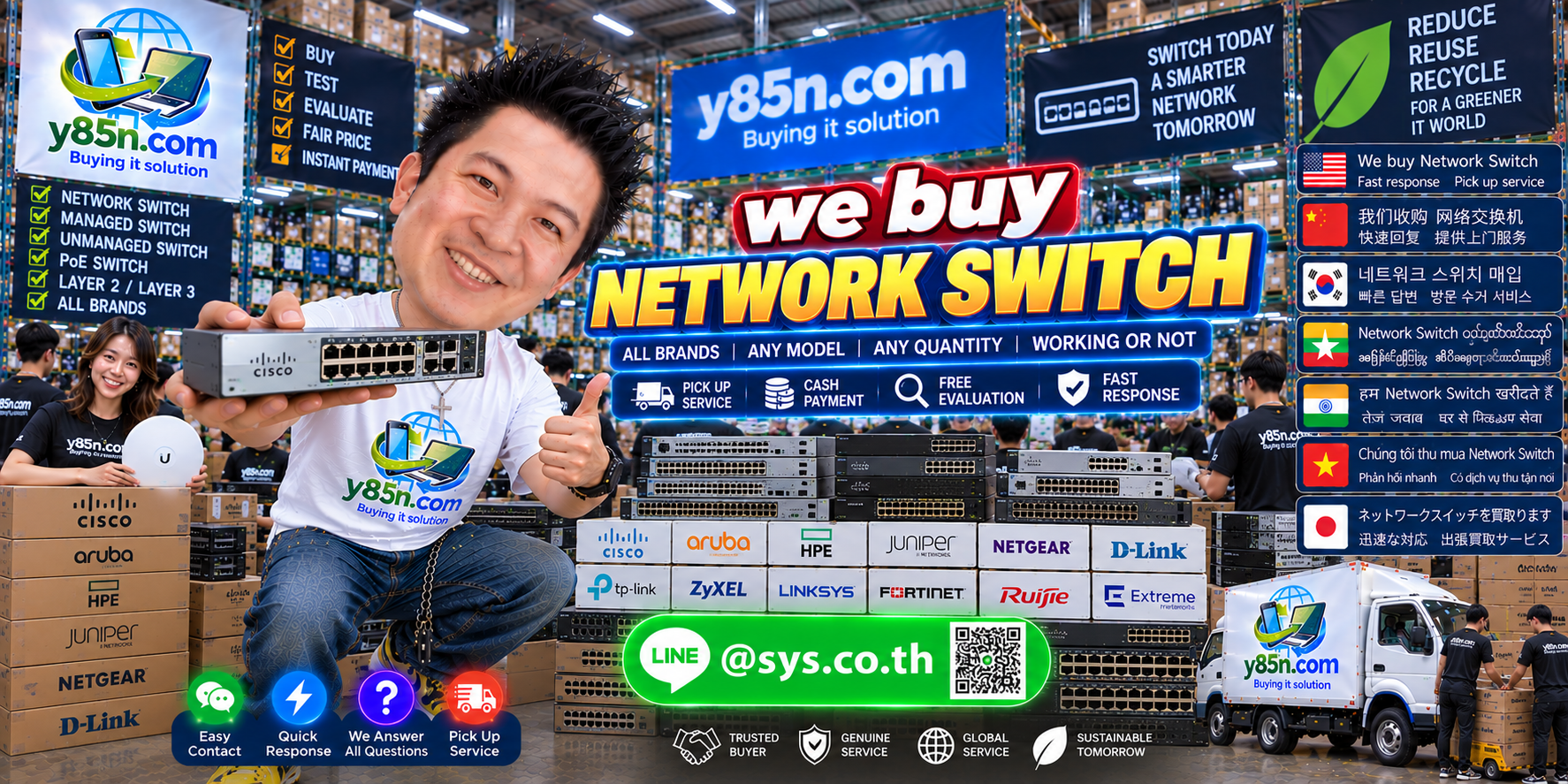Y85N.com network switch buying service contact banner with LINE at sys.co.th