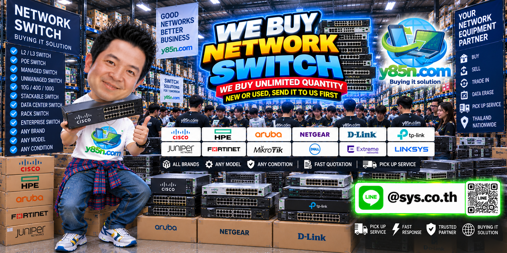 Y85N.com team and customers at a busy network switch buying warehouse