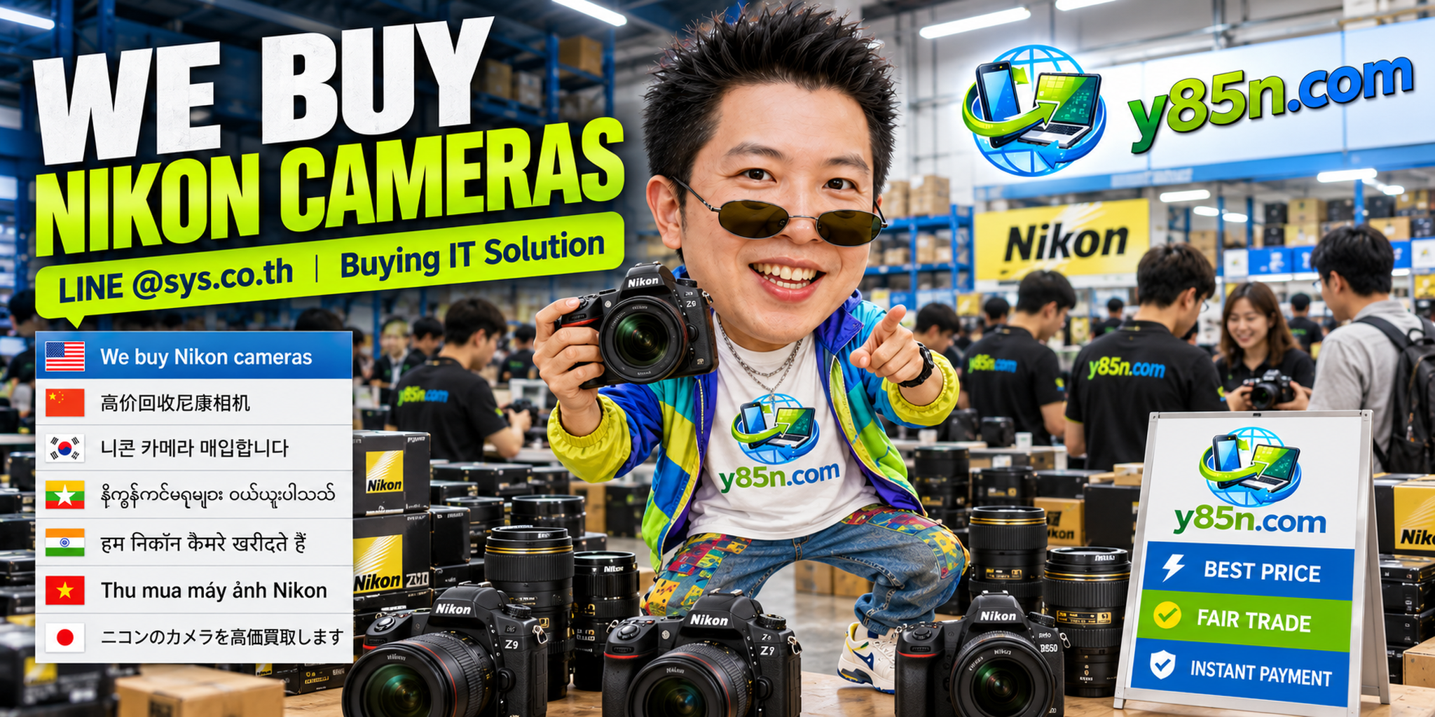 Y85N.com warehouse buying used Nikon cameras with international seller support in Thailand