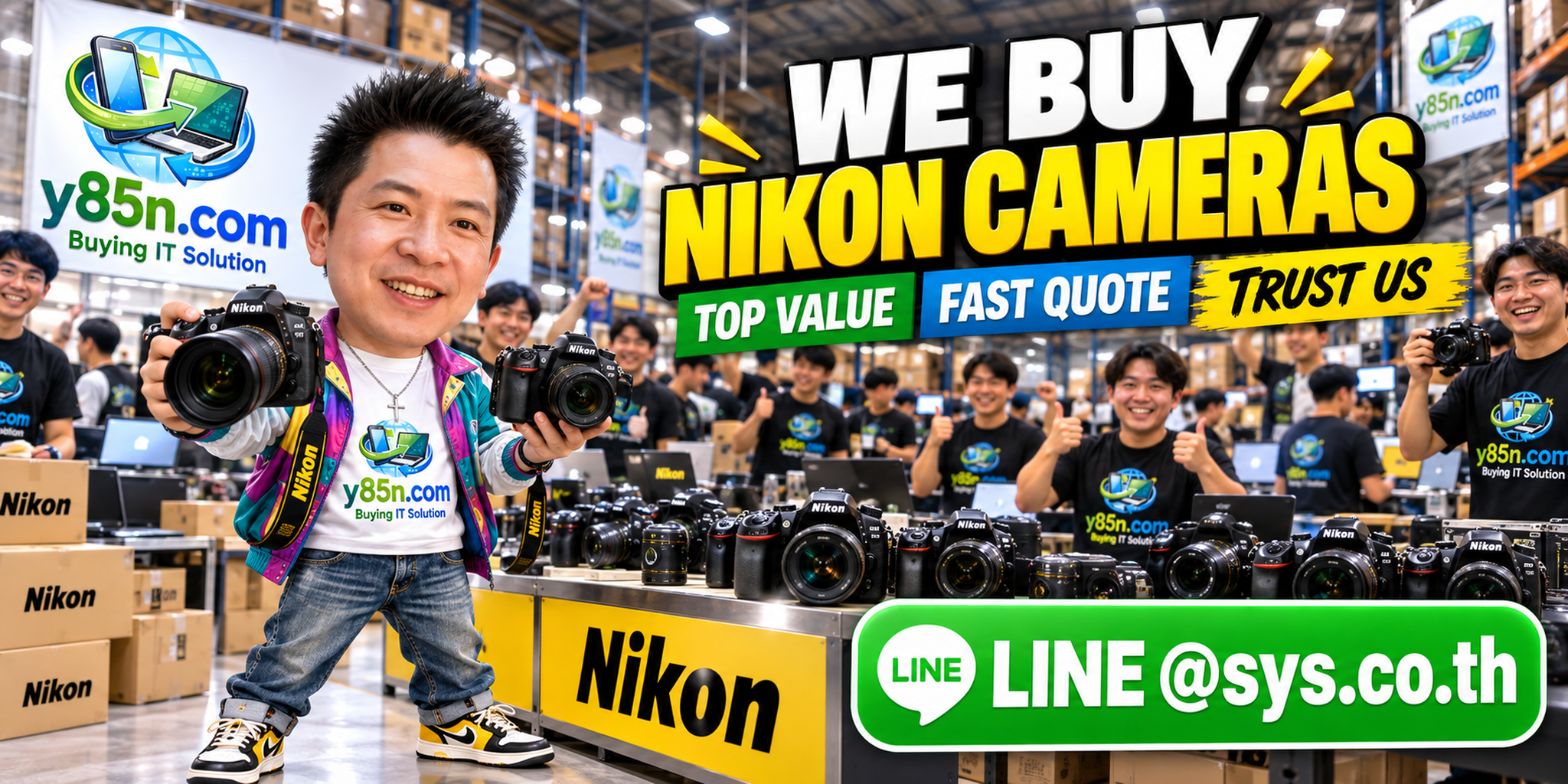 Busy Y85N.com warehouse presenting a Nikon camera buying service for sellers in Thailand
