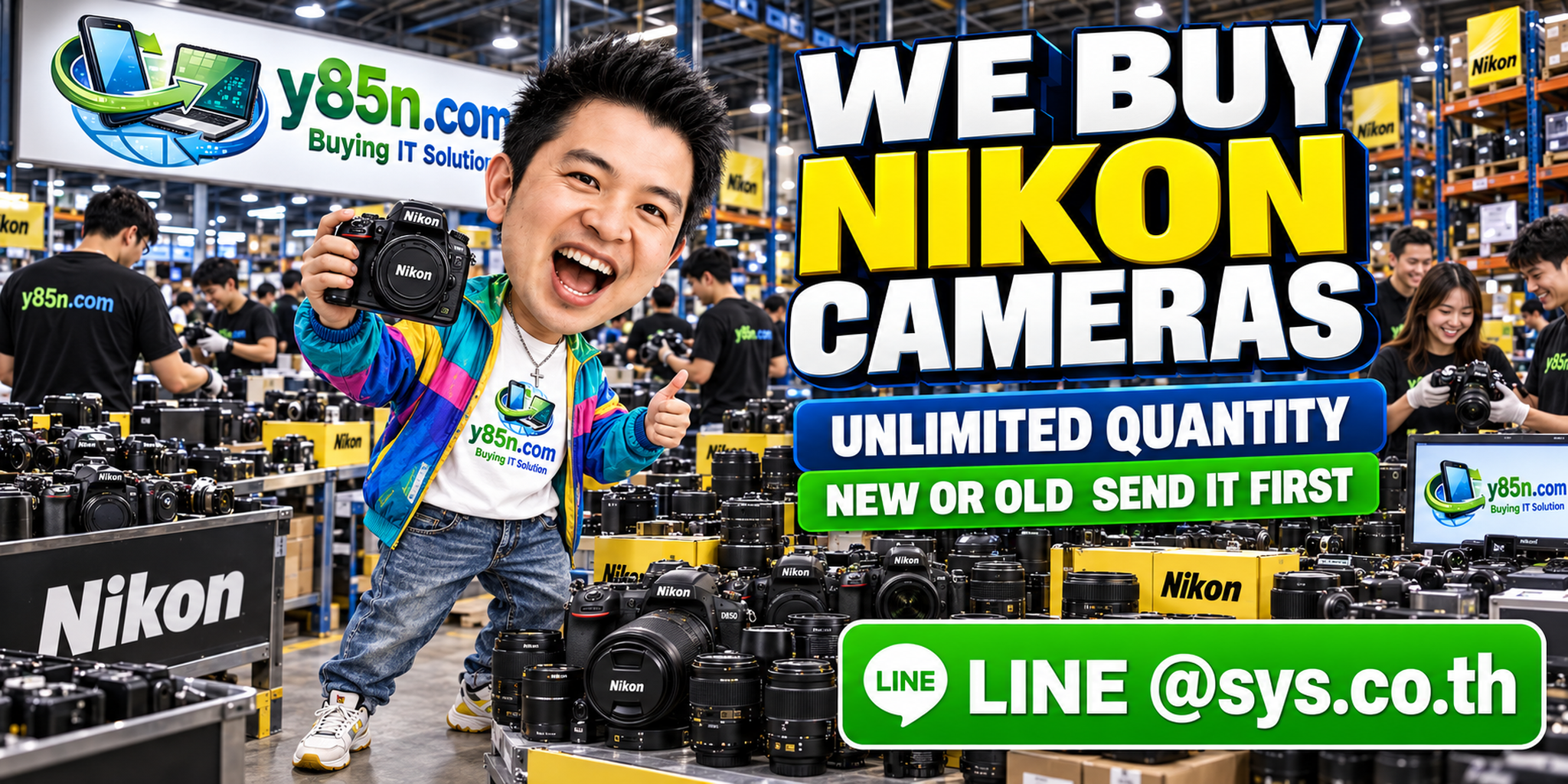 Y85N.com team and customers at a busy Nikon camera buying warehouse in Thailand