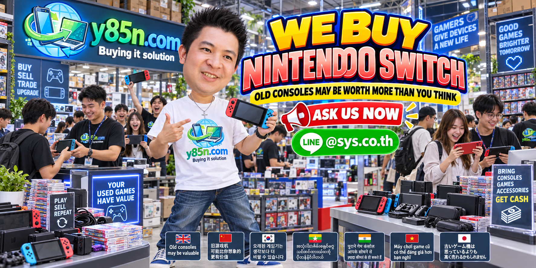 Y85N.com Nintendo Switch buying service in a busy Thailand game and technology warehouse