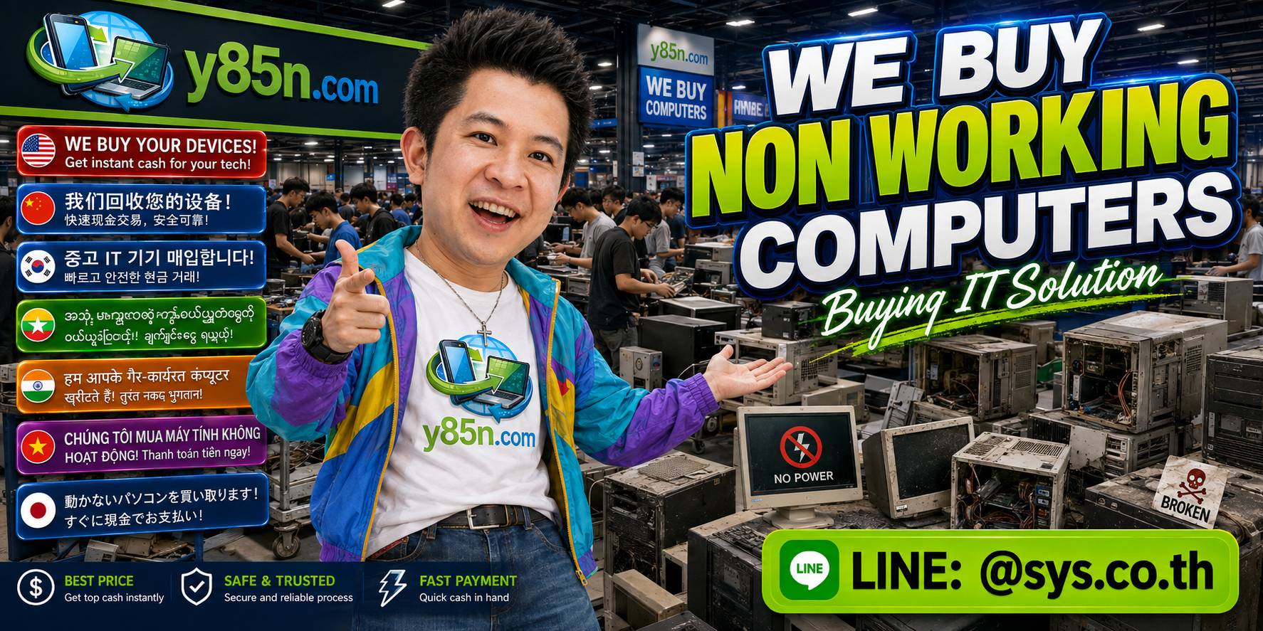 Y85N.com warehouse style buying broken and non working computers in Thailand