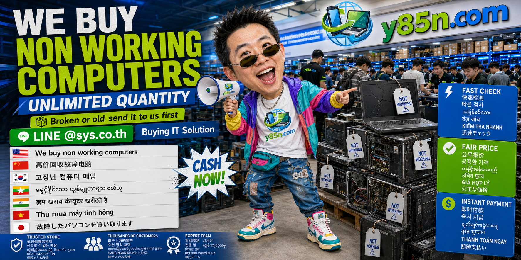 Busy Y85N.com IT warehouse showing an IT equipment buying service in Thailand