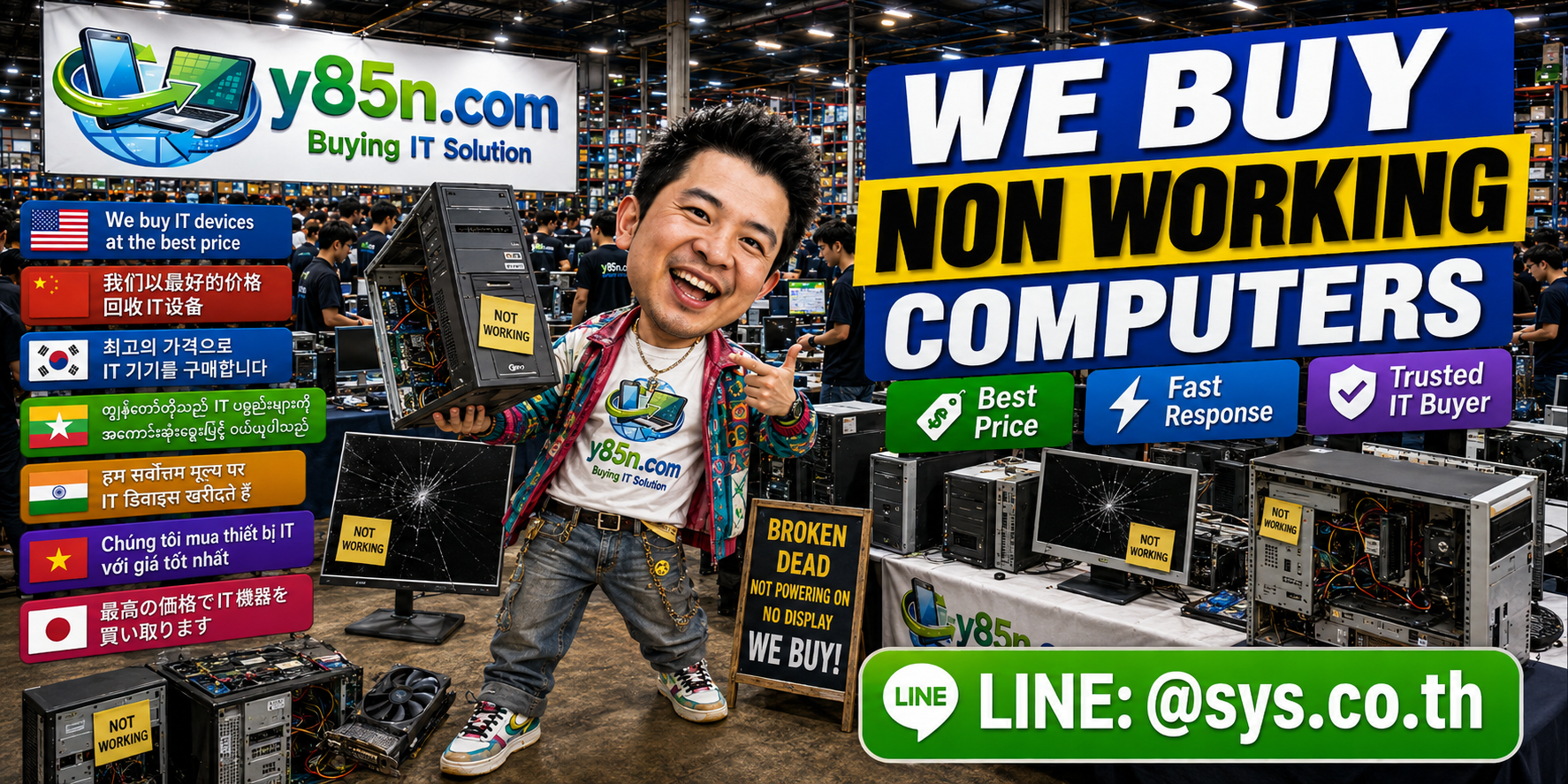 Y85N.com busy warehouse style scene with many non working computers and customers