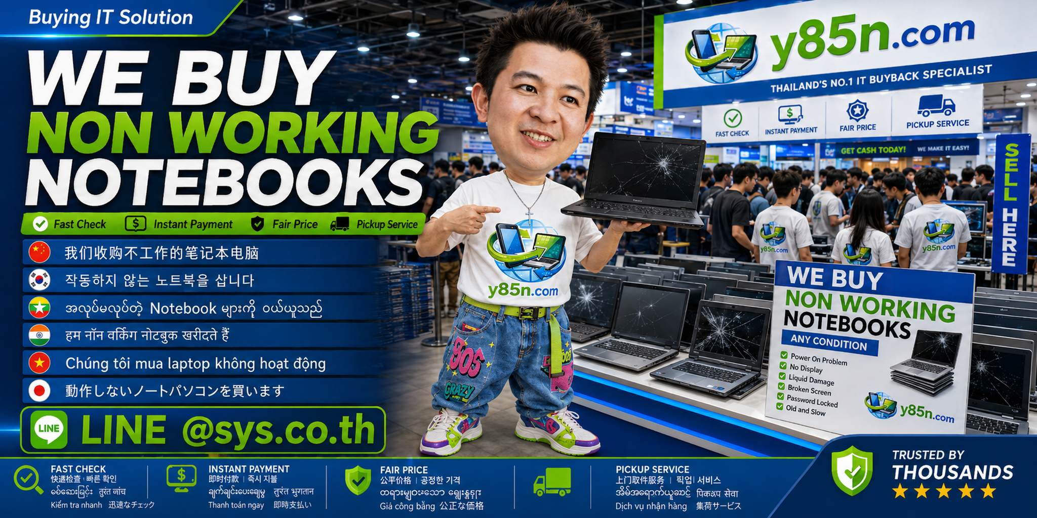 Y85N.com contact banner for selling non working notebooks through LINE at sys.co.th