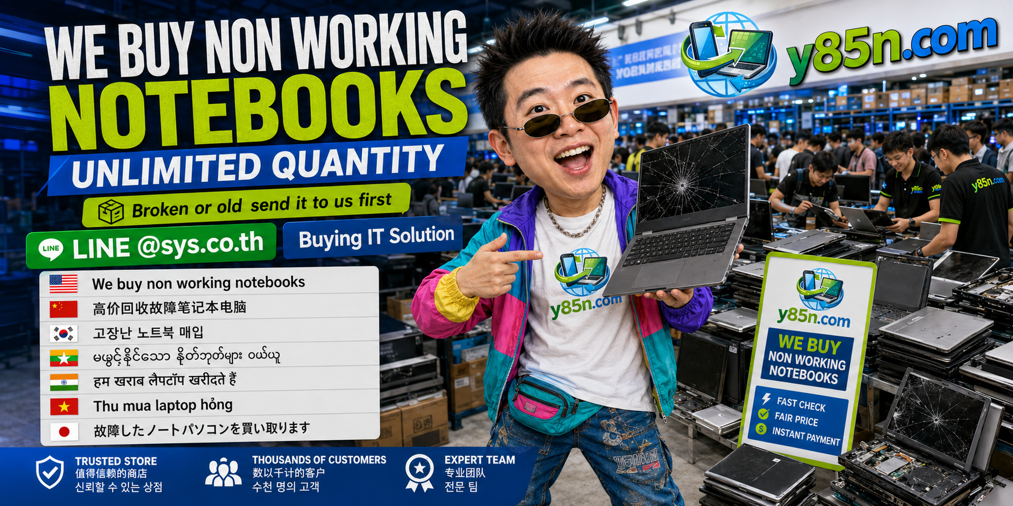 Y85N.com busy warehouse handling non working notebooks and broken laptops