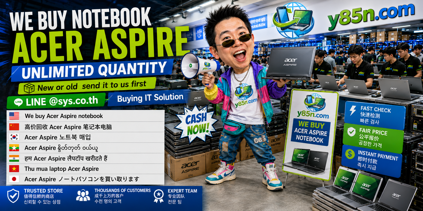 Y85N.com warehouse buying Acer Aspire notebooks with international seller messaging