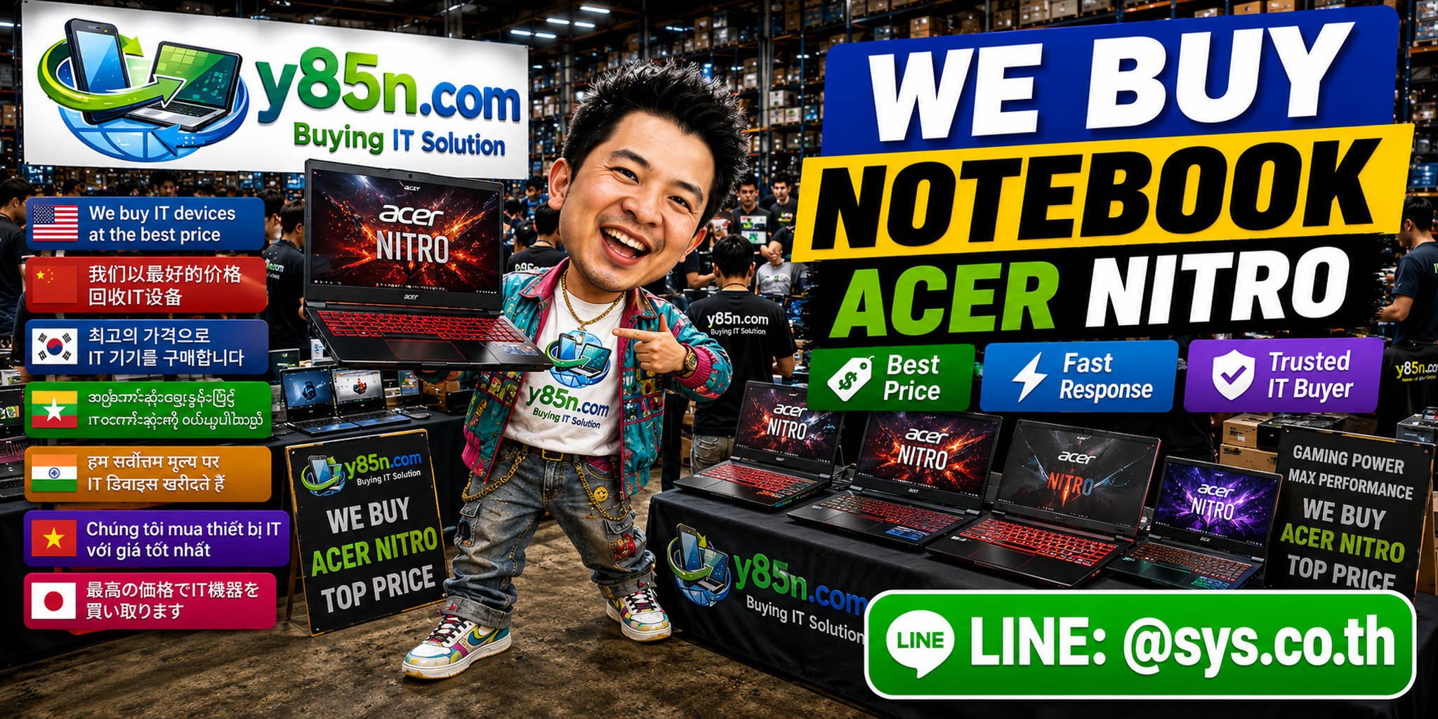 Y85N.com Acer Nitro notebook buying service in a busy computer warehouse in Thailand