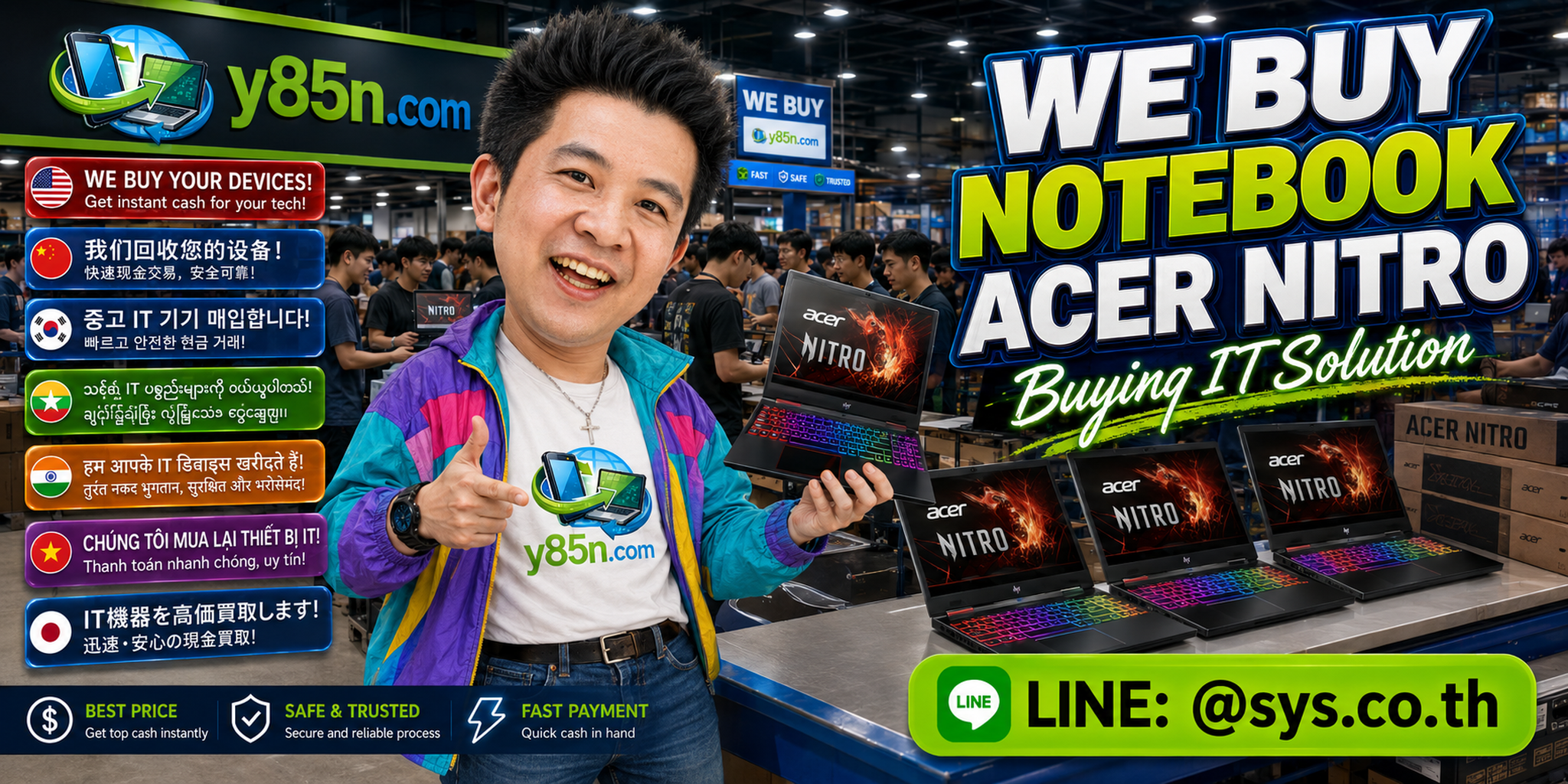 Busy Y85N.com Acer Nitro notebook warehouse with gaming laptops and customers in Thailand