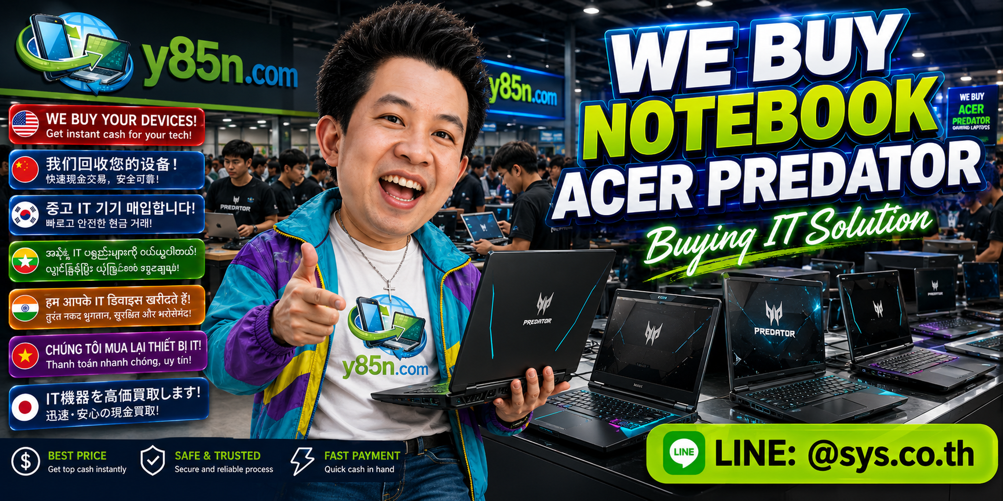 Y85N.com team and customers at a busy Acer Predator and gaming notebook buying warehouse