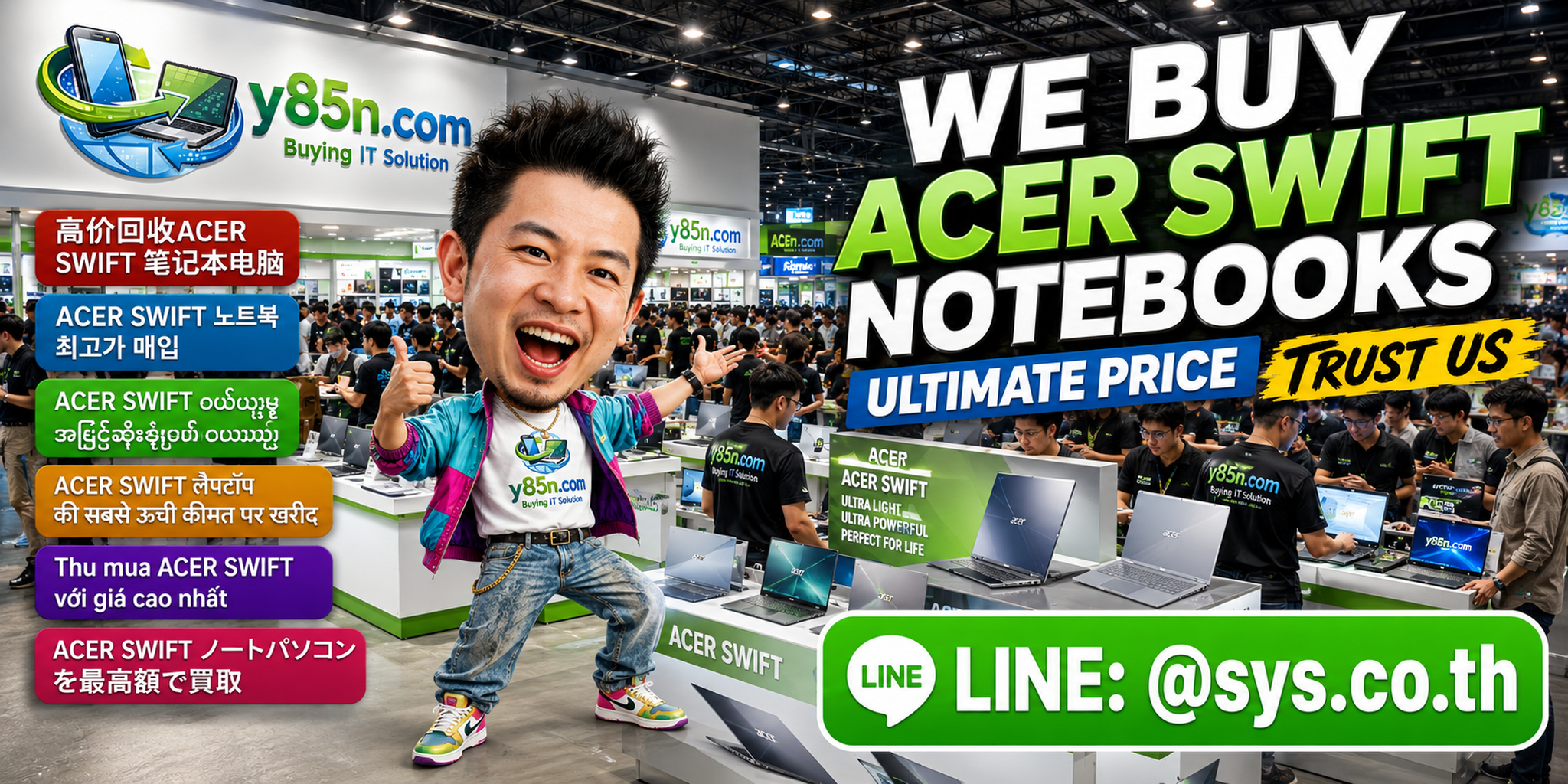 Y85N.com buying Acer Swift notebooks at a busy IT warehouse in Thailand