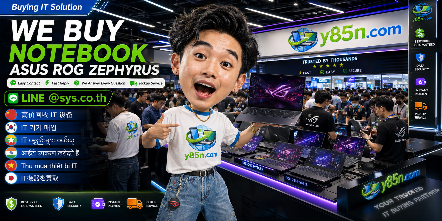 Y85N.com contact banner for ASUS ROG Zephyrus notebook evaluation via LINE sys.co.th