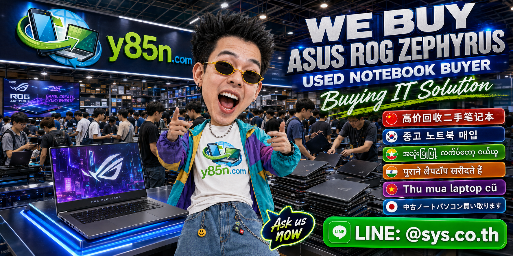 Y85N.com team and customers in a busy warehouse buying ASUS ROG Zephyrus notebooks
