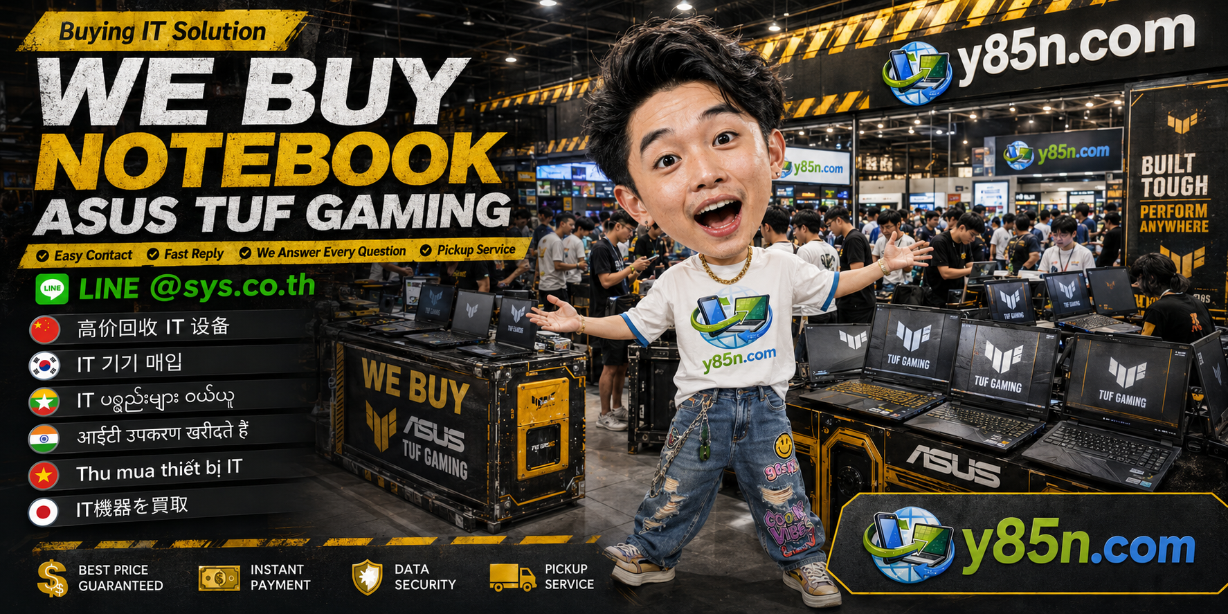 Y85N.com ASUS TUF Gaming notebook buyer contact banner with LINE at sys.co.th