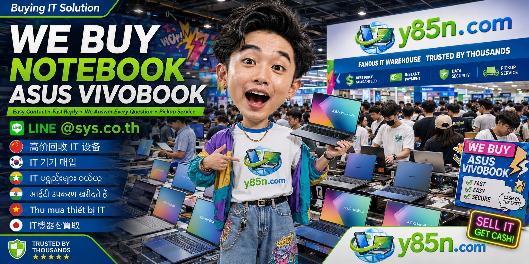 Y85N.com ASUS Vivobook buyer contact banner with LINE at sys.co.th