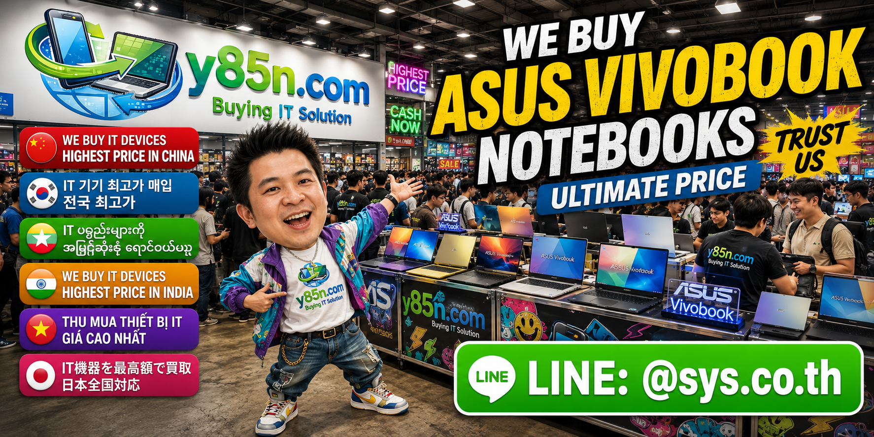Y85N.com ASUS Vivobook buying service in a busy IT warehouse in Thailand