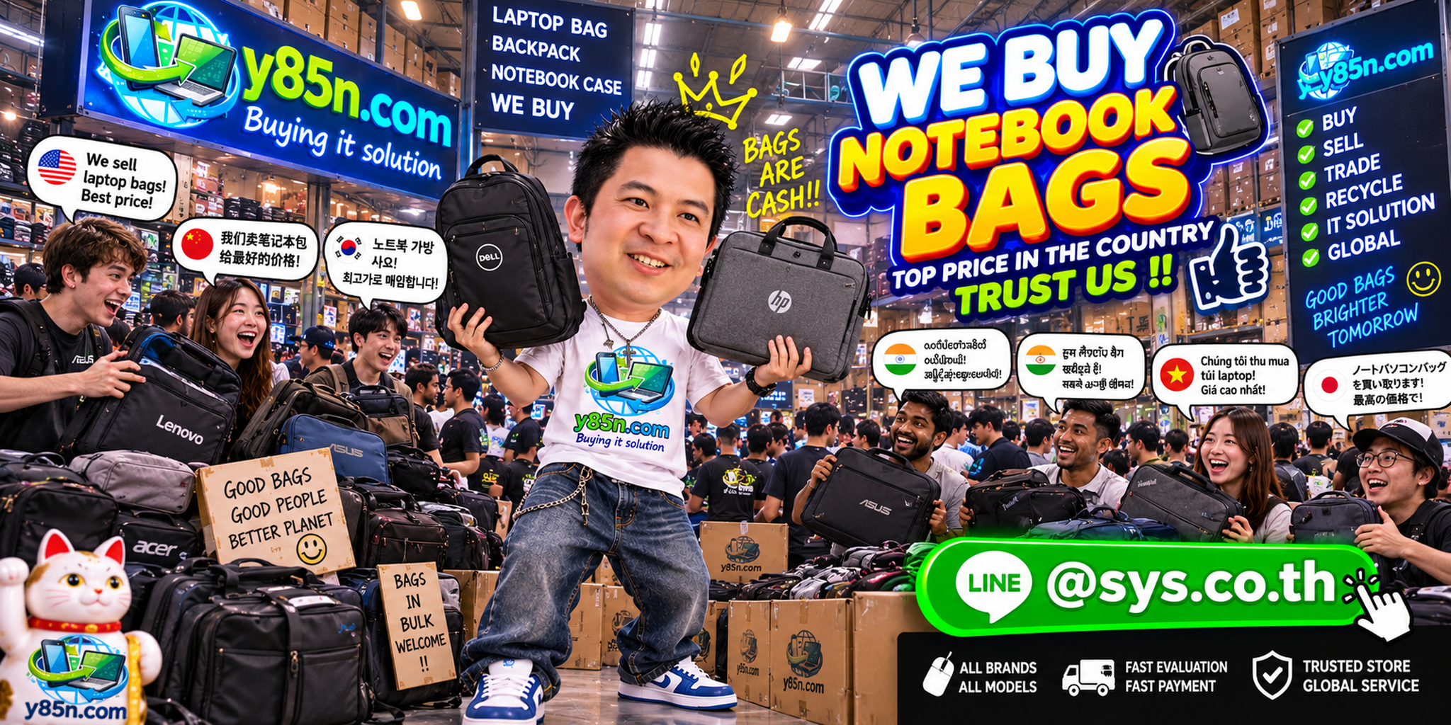 Y85N.com warehouse buying used notebook bags with international seller messaging