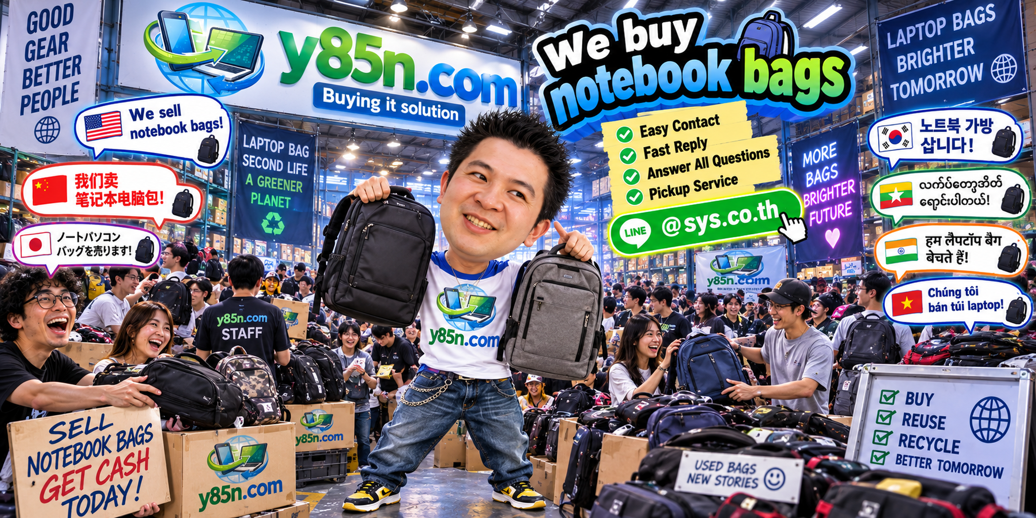 Y85N.com notebook bag buying contact banner with LINE at sys.co.th
