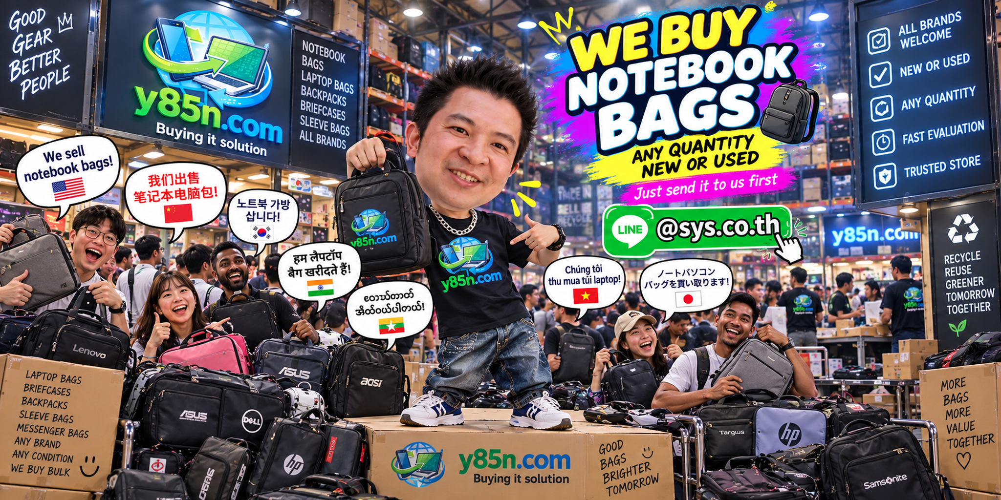 Y85N.com notebook bag warehouse with customers and staff