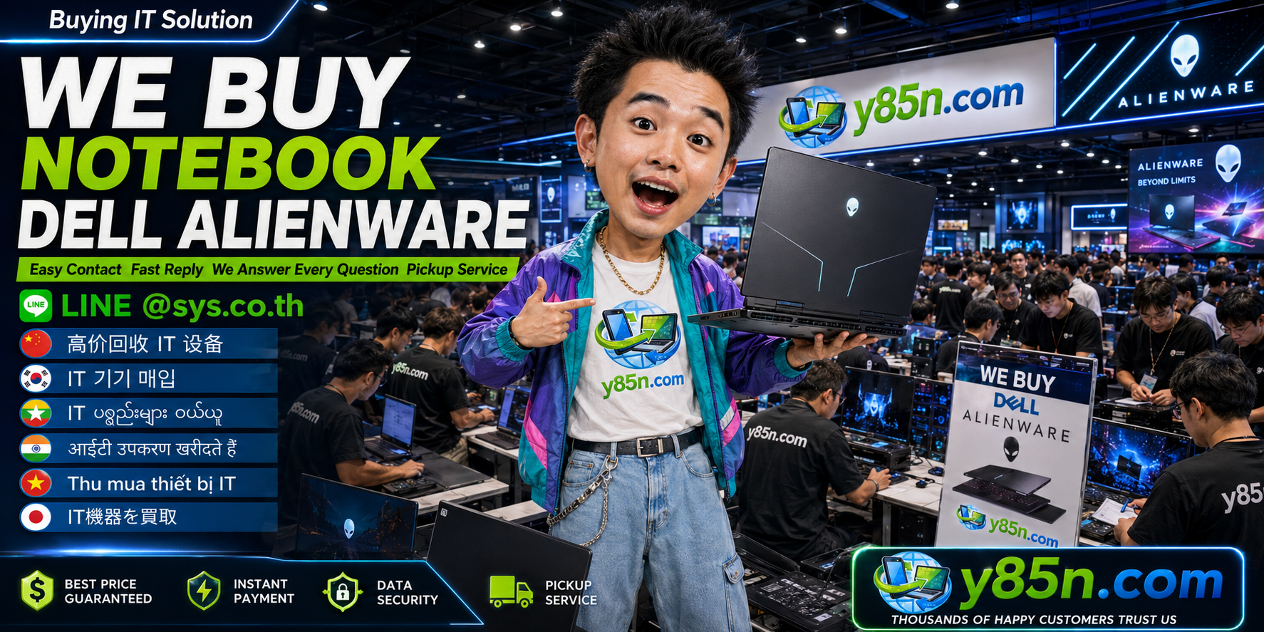 Y85N.com Dell Alienware notebook buying contact banner with LINE sys.co.th