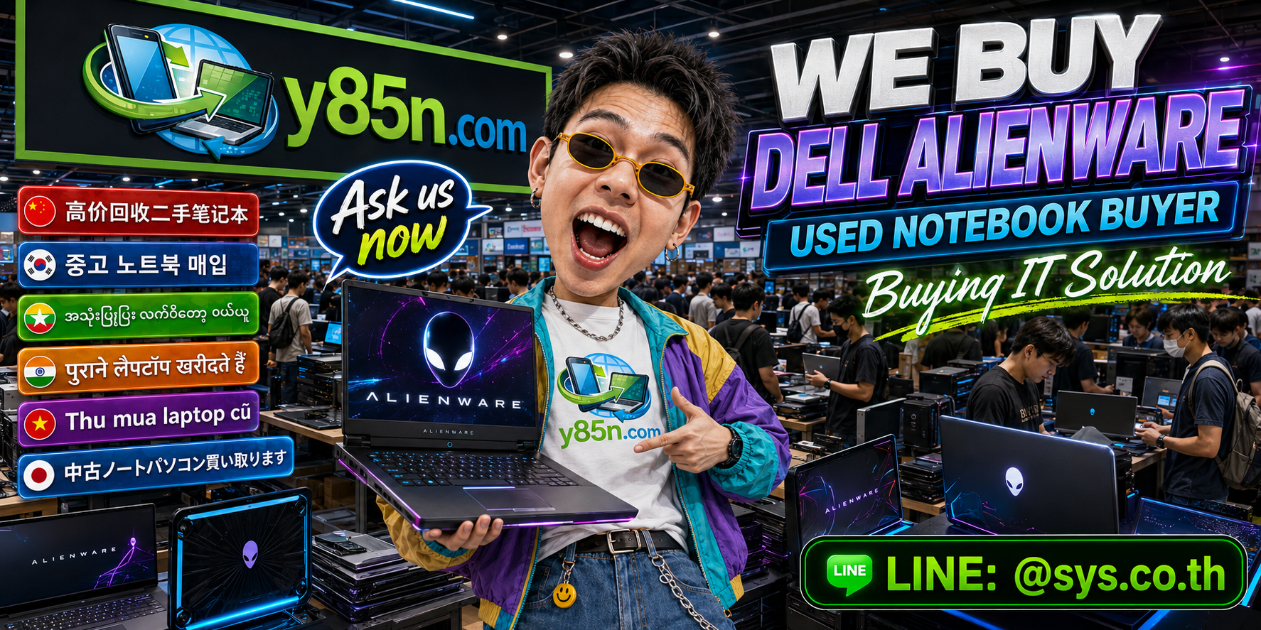 Busy Y85N.com warehouse evaluating Dell Alienware notebooks and gaming IT equipment
