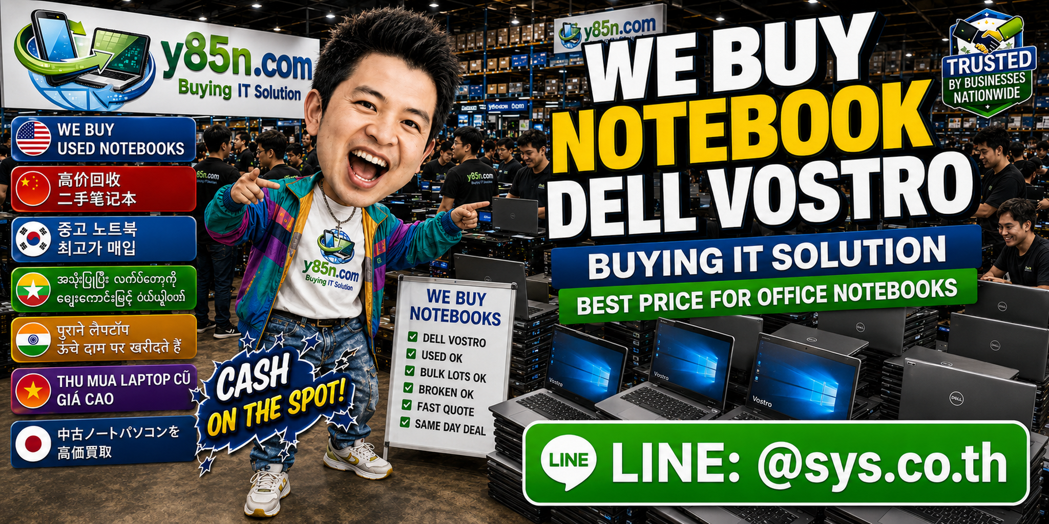 Y85N.com team buying Dell Vostro notebooks at a busy computer warehouse in Thailand