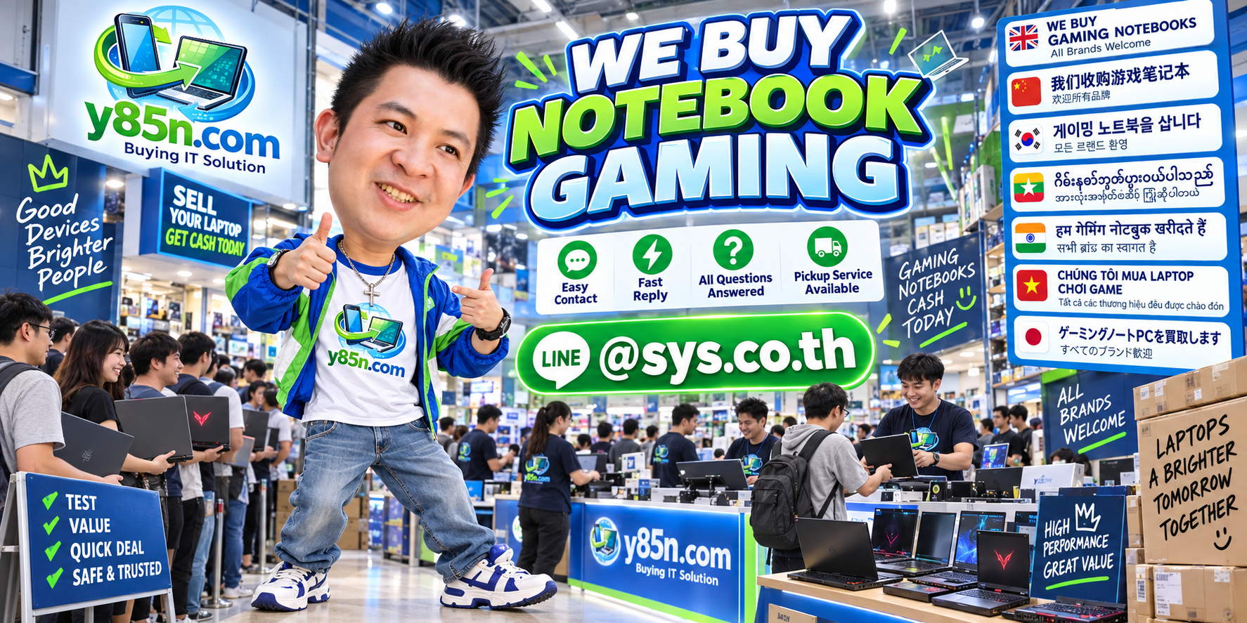 Y85N.com gaming notebook buyer contact banner with LINE at sys.co.th