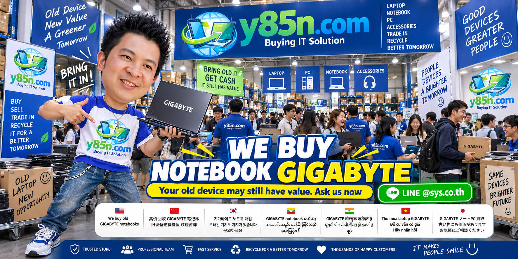 Y85N.com GIGABYTE notebook buying service in a busy IT warehouse in Thailand