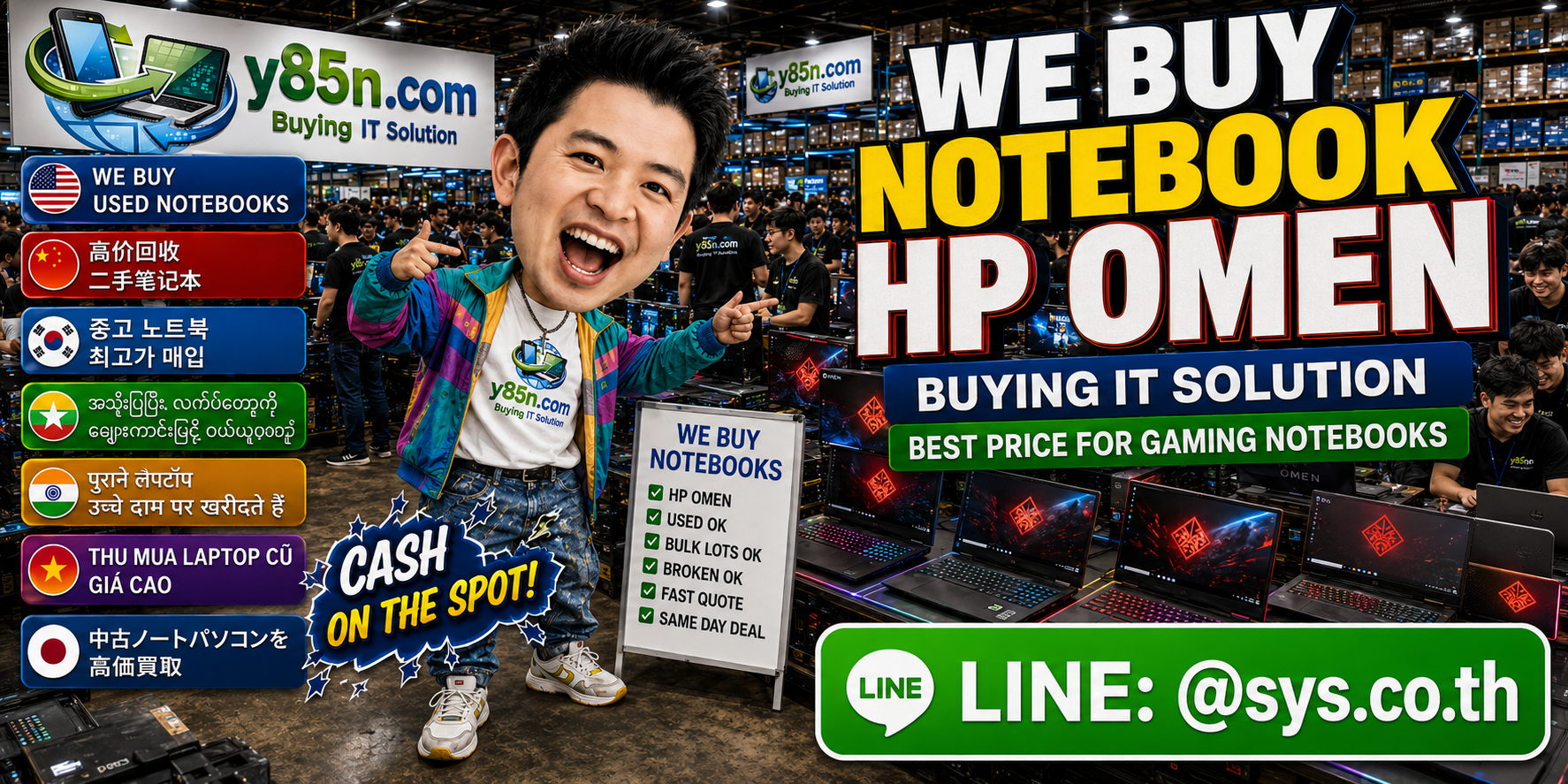 Y85N.com team and customers at a busy HP OMEN gaming notebook buying warehouse