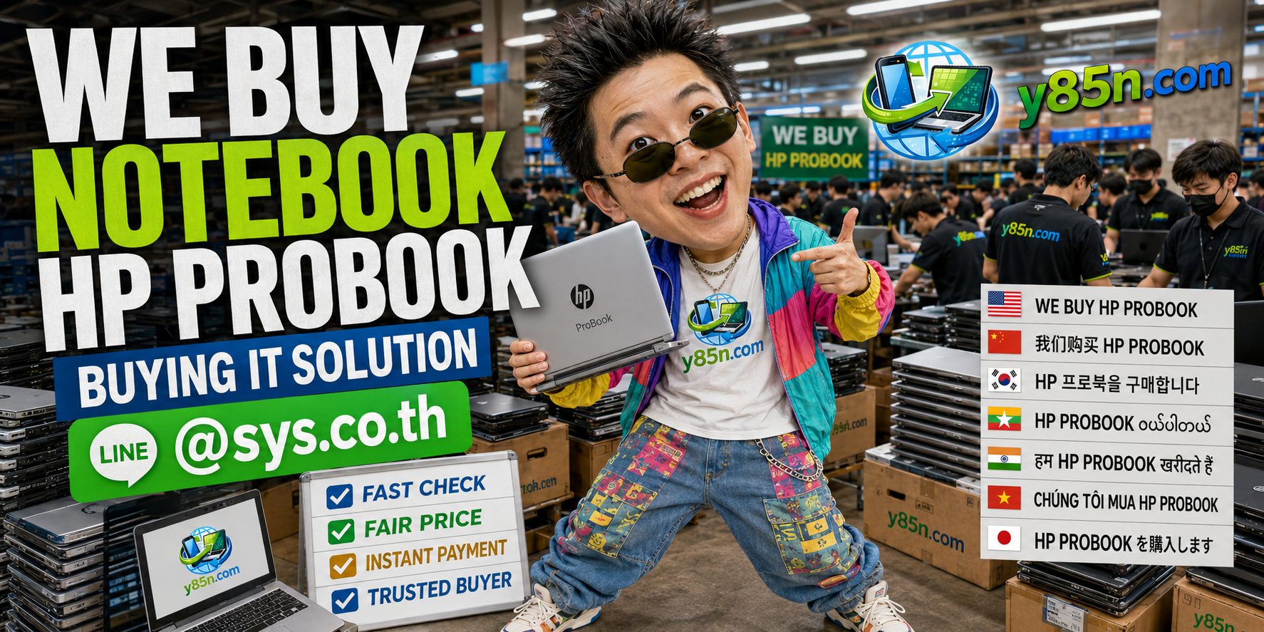 Y85N.com warehouse buying used HP ProBook notebooks with international seller support