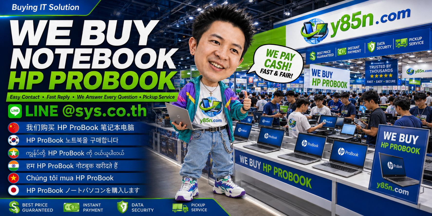 Y85N.com HP ProBook buying contact banner with LINE at sys.co.th