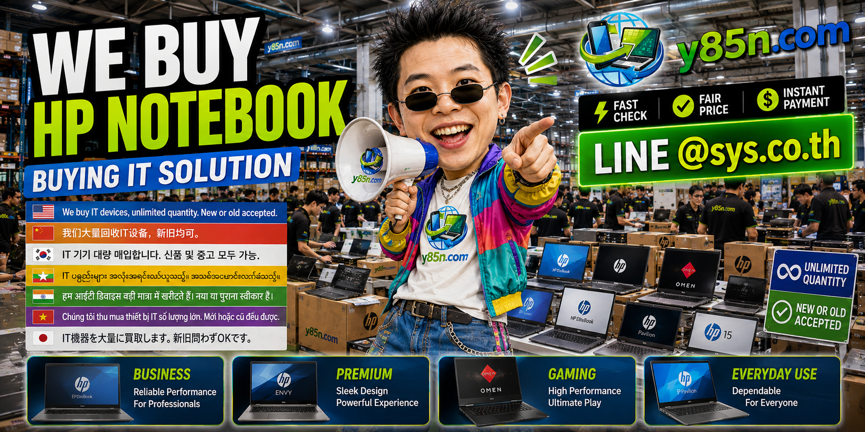 Y85N.com warehouse buying used HP notebooks with international seller support
