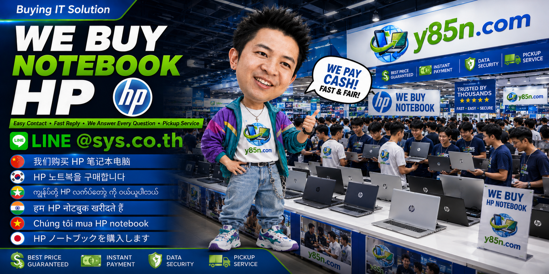 Y85N.com HP notebook buying contact banner with LINE at sys.co.th