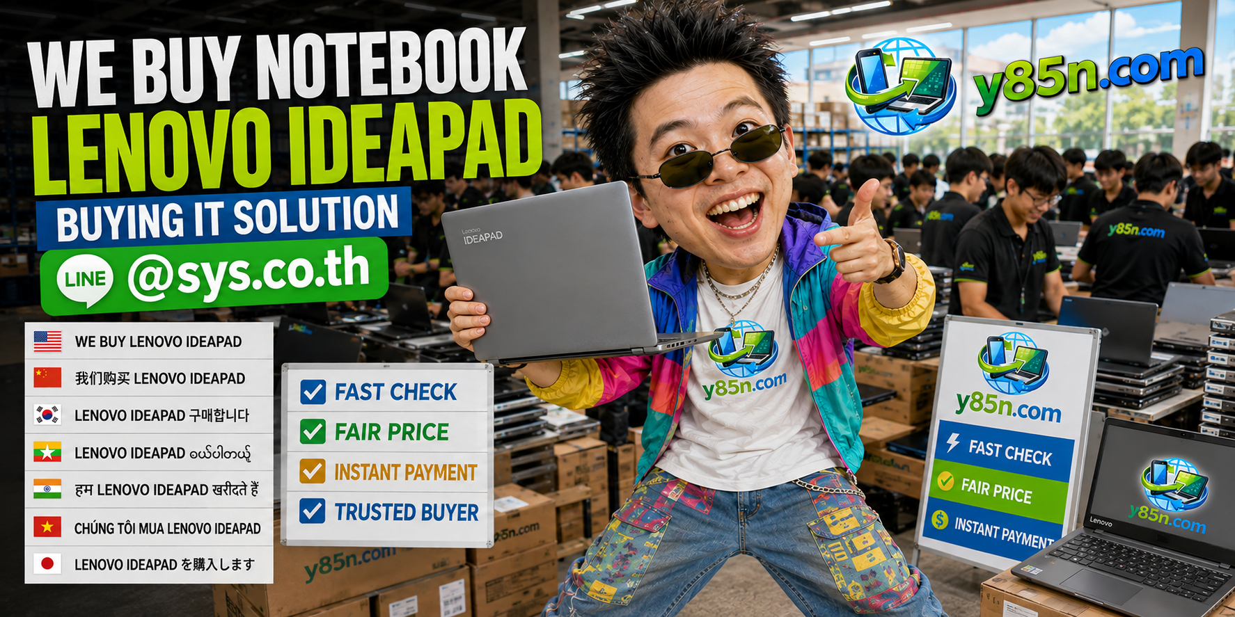 Y85N.com warehouse buying used Lenovo IdeaPad notebooks in Thailand