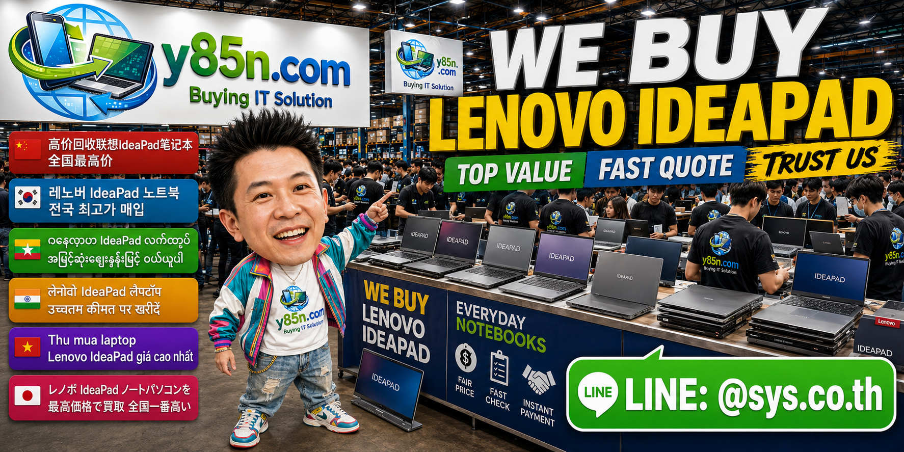 Y85N.com Lenovo IdeaPad notebook buying service in a busy IT warehouse in Thailand