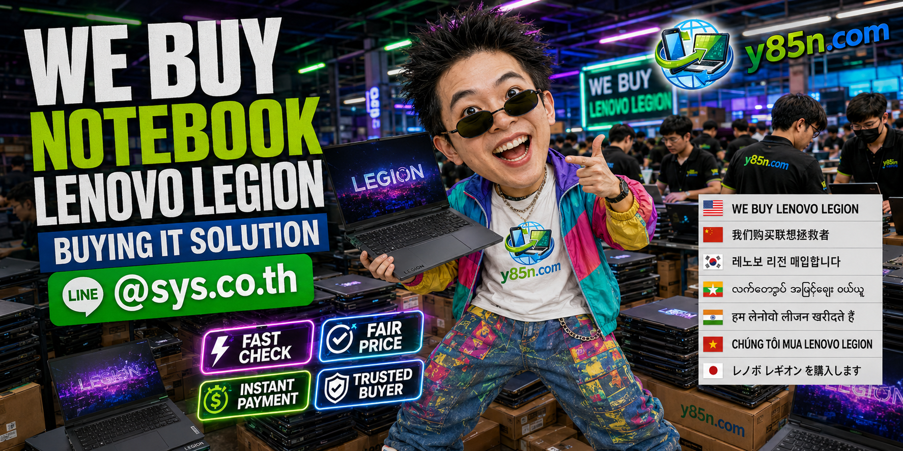 Y85N.com warehouse buying used Lenovo Legion gaming notebooks with international seller support
