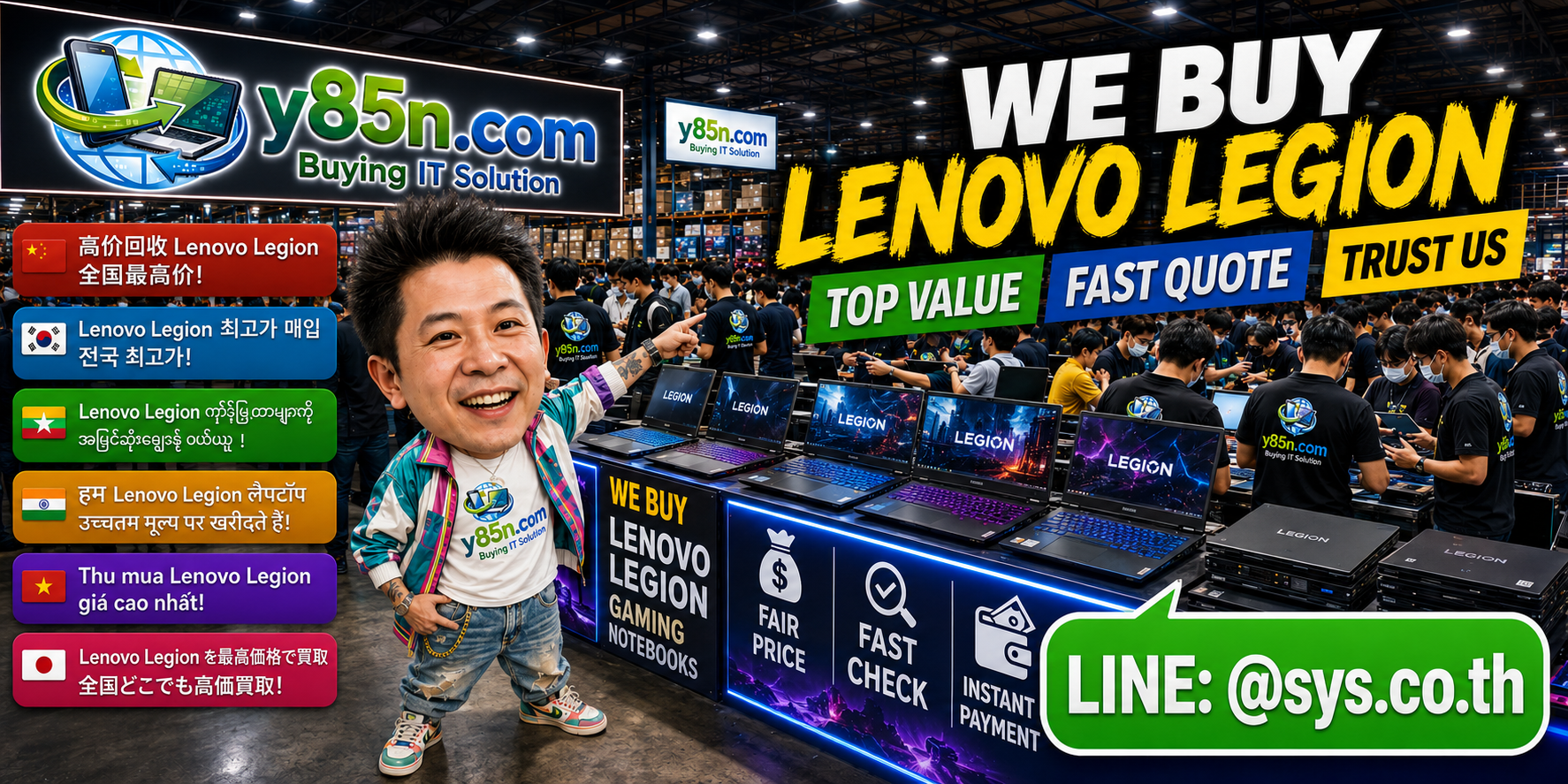Y85N.com warehouse buying used Lenovo Legion gaming notebooks in Thailand