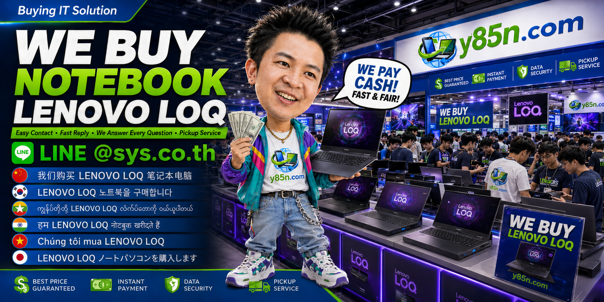 Y85N.com Lenovo LOQ notebook buying contact banner with LINE at sys.co.th
