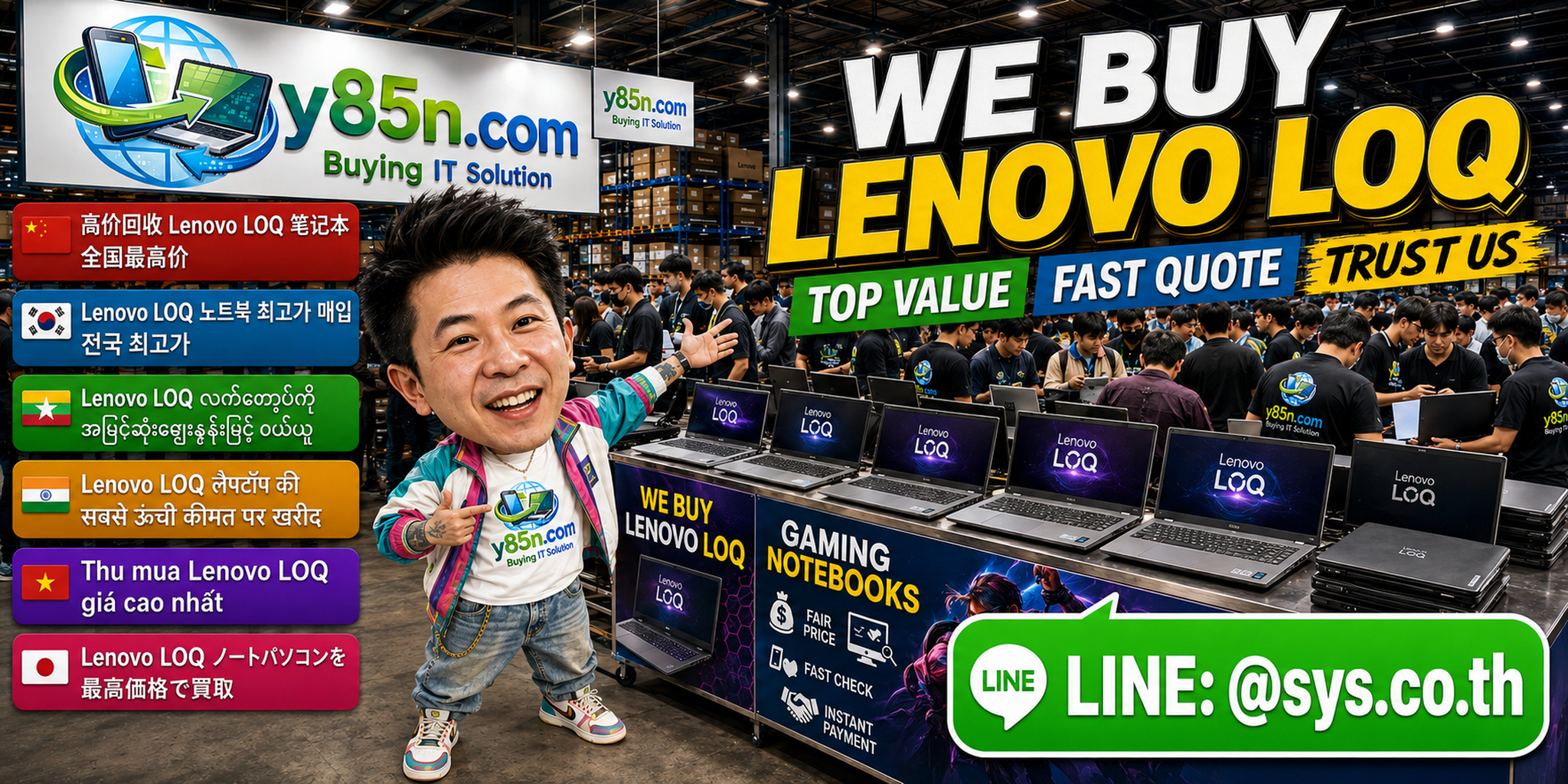 Y85N.com Lenovo LOQ notebook buying service in a busy computer warehouse in Thailand