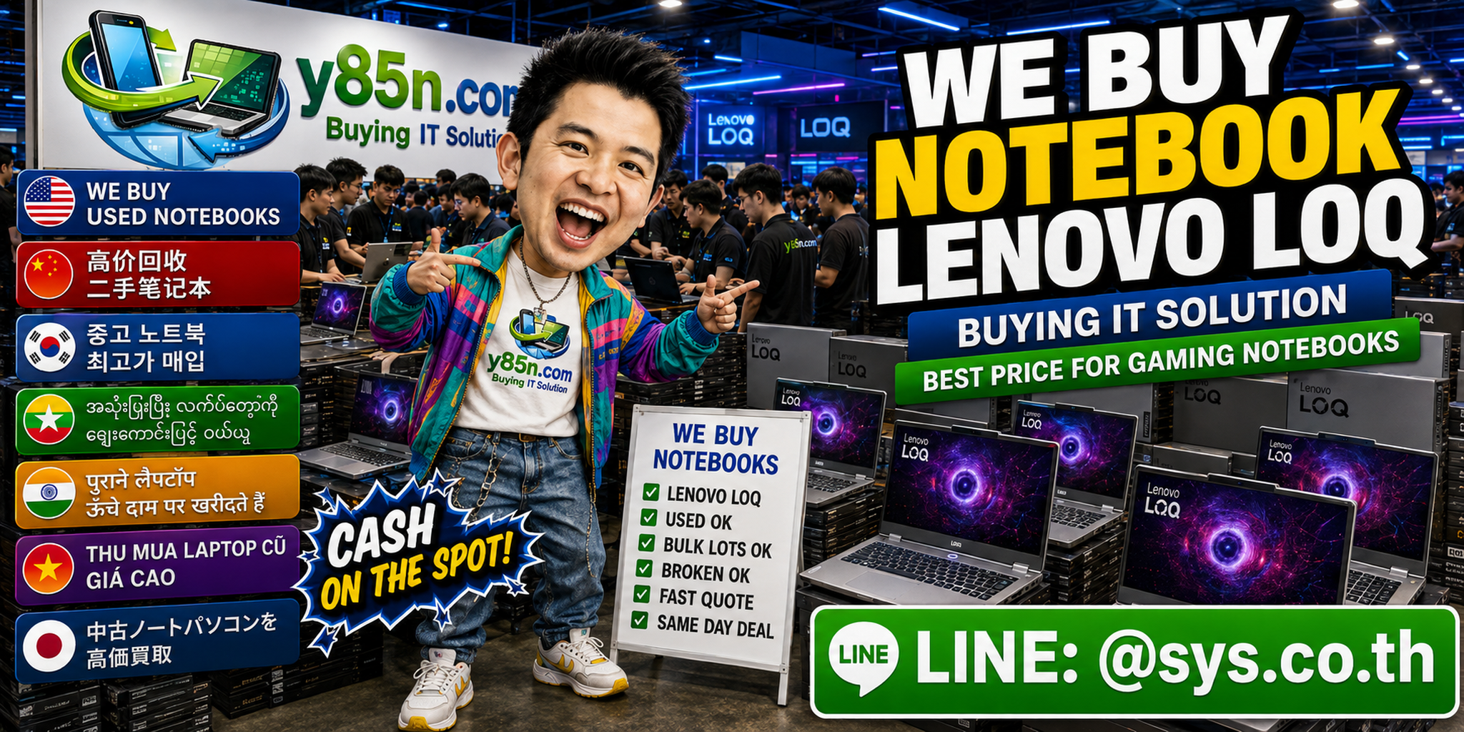 Busy Y85N.com Lenovo LOQ notebook warehouse with gaming laptops and customers in Thailand