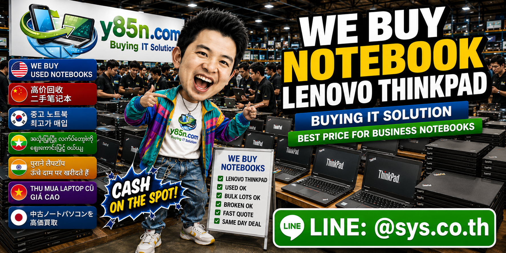 Y85N.com team and customers at a busy Lenovo ThinkPad buying warehouse in Thailand